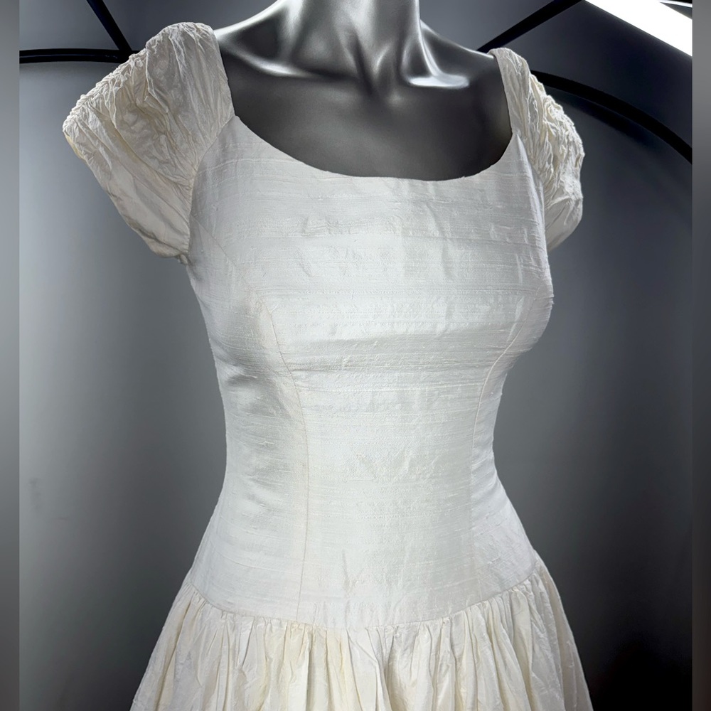 VTG CHRISTIAN DIOR Silk Wedding Dress W/ Gathered Sleeves + Button Back 26”W - Picture 2 of 13